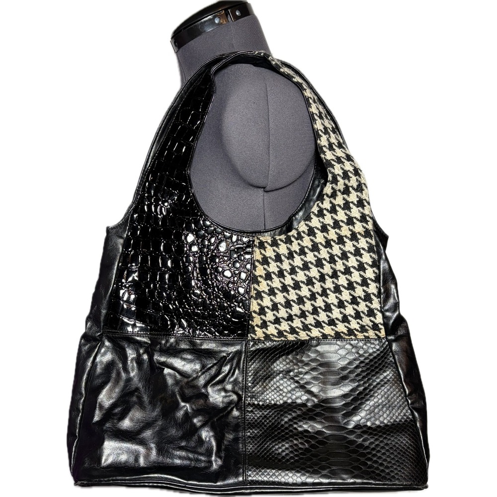Vtg Y2K Patchwork Hobo Bag Black Houndstooth Faux Croc Indie Sleaze STAINED/DMGD